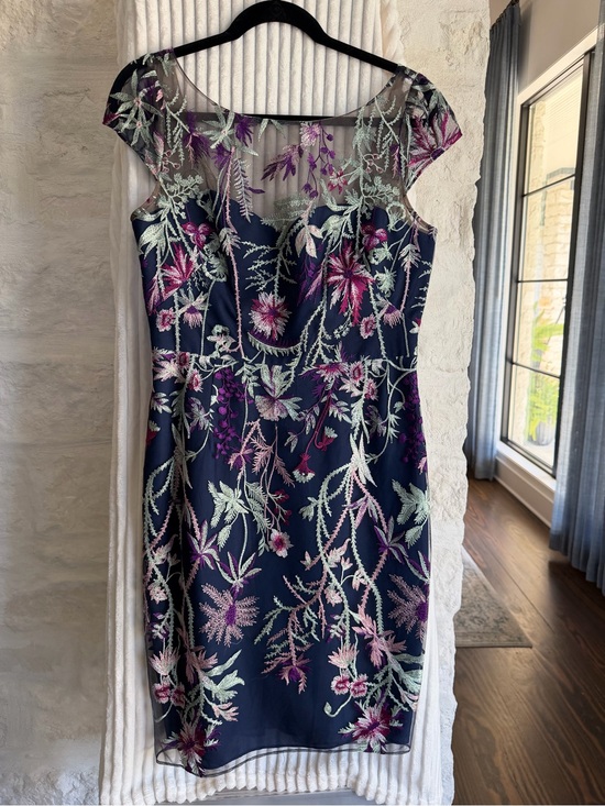 Marchesa Dresses & Skirts - Marchesa Navy Mesh Midi Dress with Pink & Purple Floral Embroidery